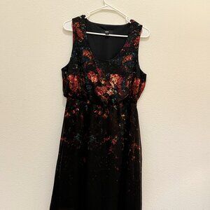 Formal Black Midi Asymmetrical Dress, Abstract Floral, Women Size Medium